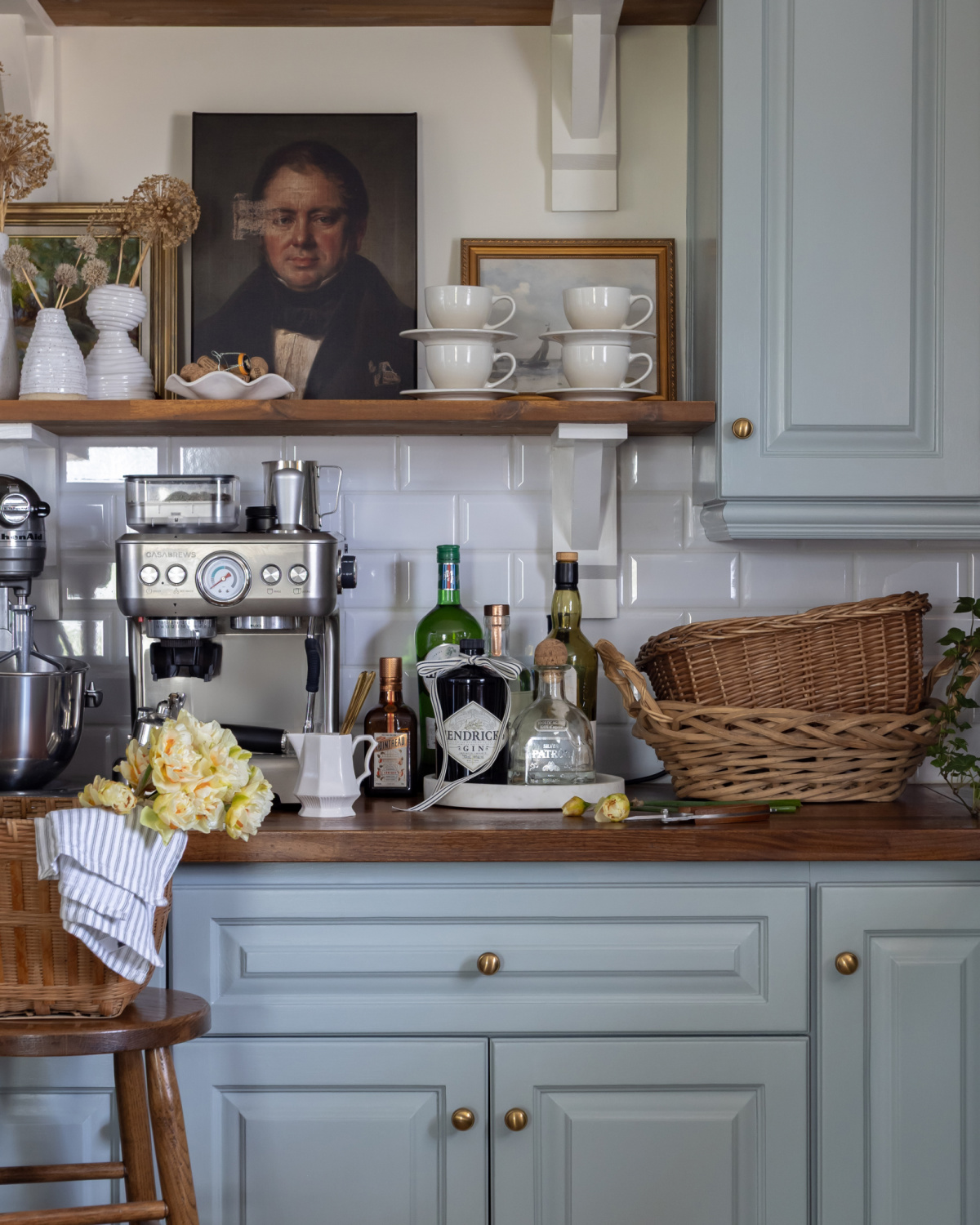 Traditional cabinetry painted in an unexpected blue.