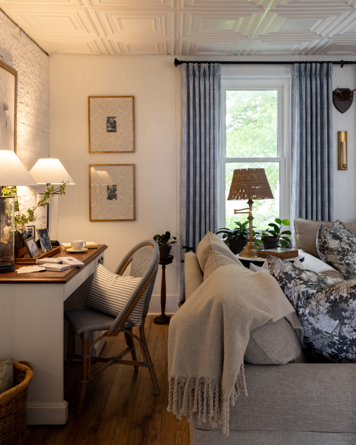 Blue floral curtains make a big impact.