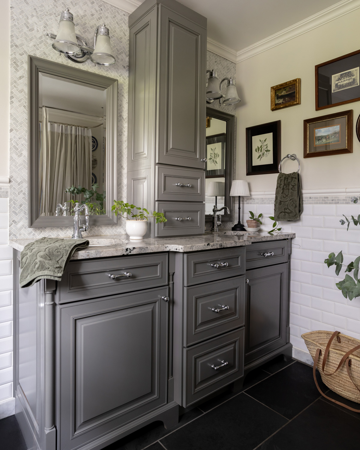 A traditional style bathroom vanity done in a timeless grey color.