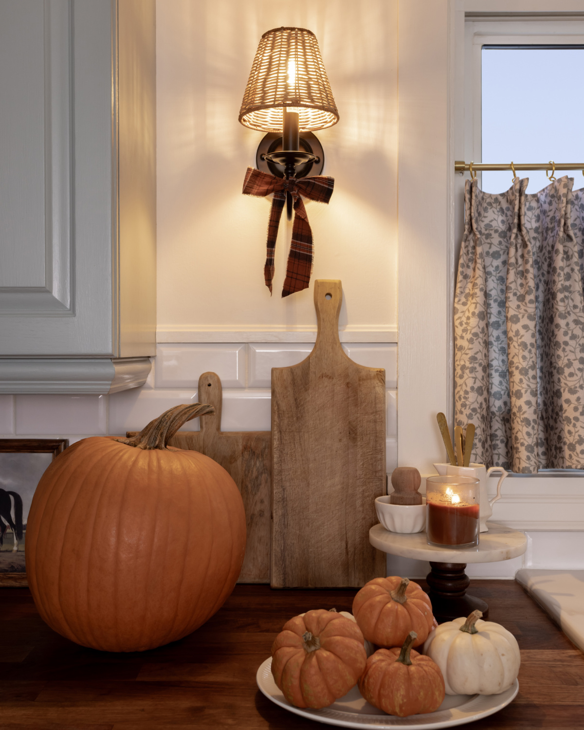 Torn plaid fabric used as ribbon for Halloween.